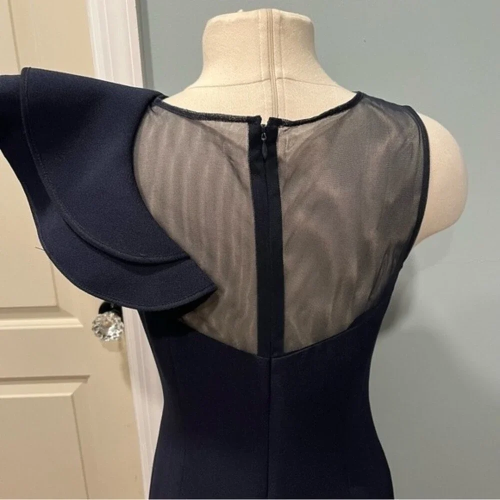 Eliza J. Navy Blue One Shoulder Illusion Ruffle Mermaid Gown Size 6 - Picture 7 of 14